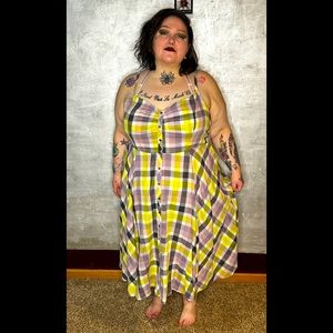 MULTI PLAID BUTTON FRONT MIDI DRESS.